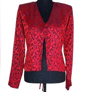 Vintage Michael Blake Red & Black Scroll Taffeta Cropped Blouse Made in USA